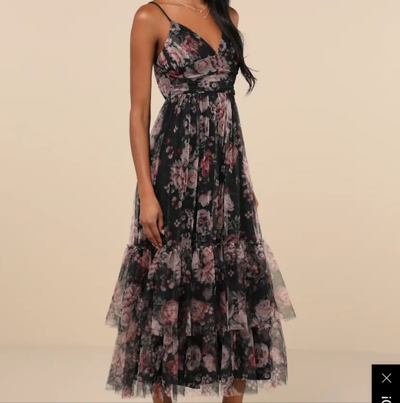 Lulu's Women's Black Dark Floral Mesh Overlay Formal Party Dress Whimsygoth Sz L - Picture 3 of 10